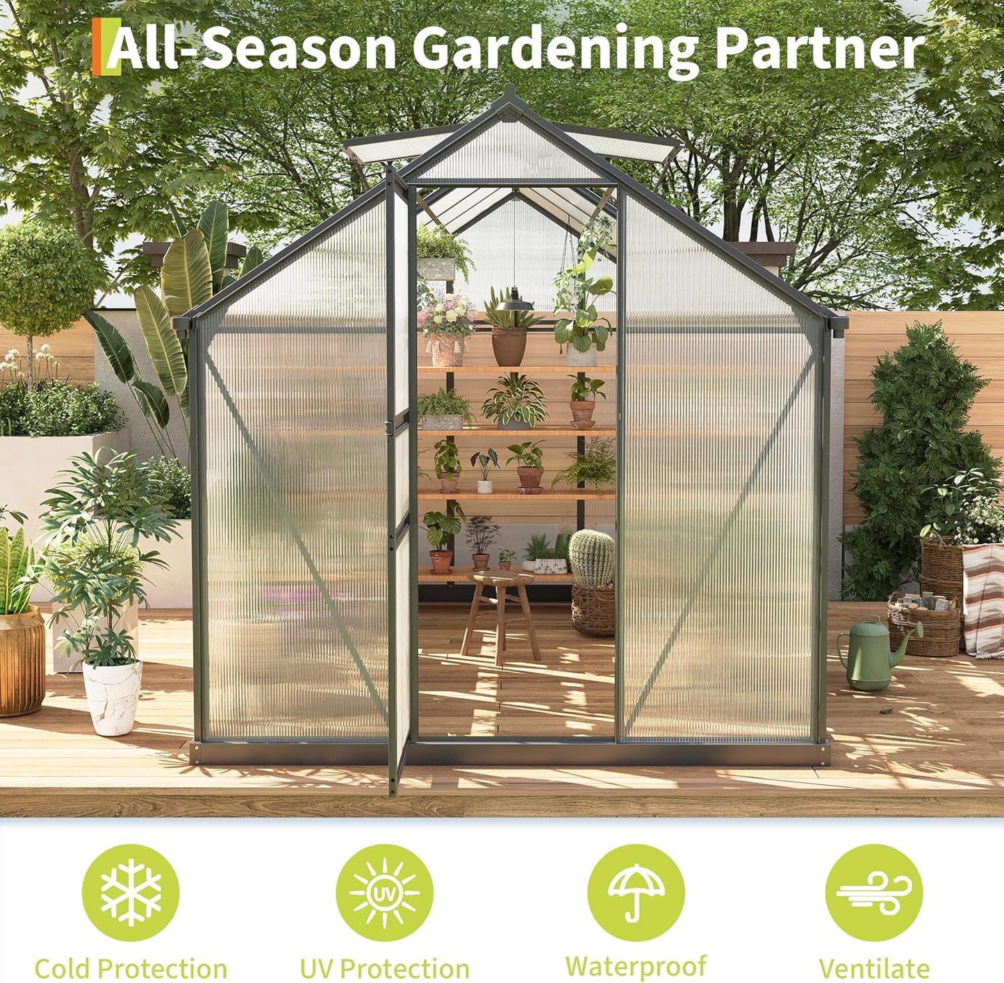 6×10FT Polycarbonate Greenhouse for Outdoors, Large Walk in Green House Kit and Winter Garden Planting, Enhanced Aluminum Green Houses for Outside to Protect Vegetables or Plants