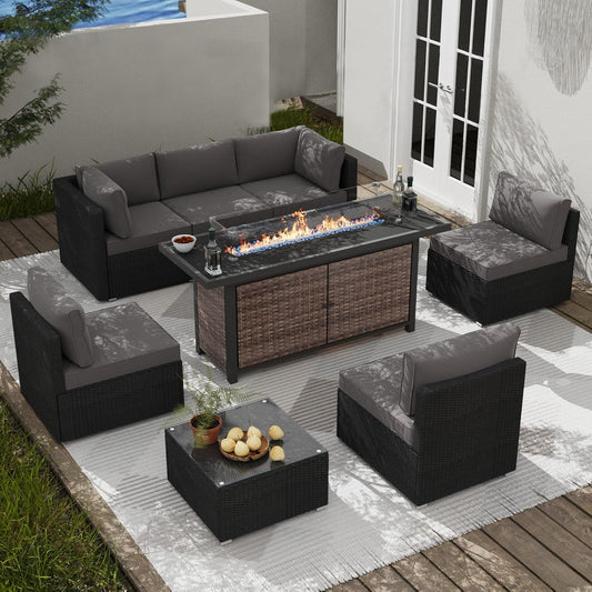 25-Pc Patio Furniture Set - 7 Piece Outdoor Rattan Sofa Set with 57" Fire Table and 17 Accessories, Modular Sofa Set for Garden/Poolside, Grey/Black