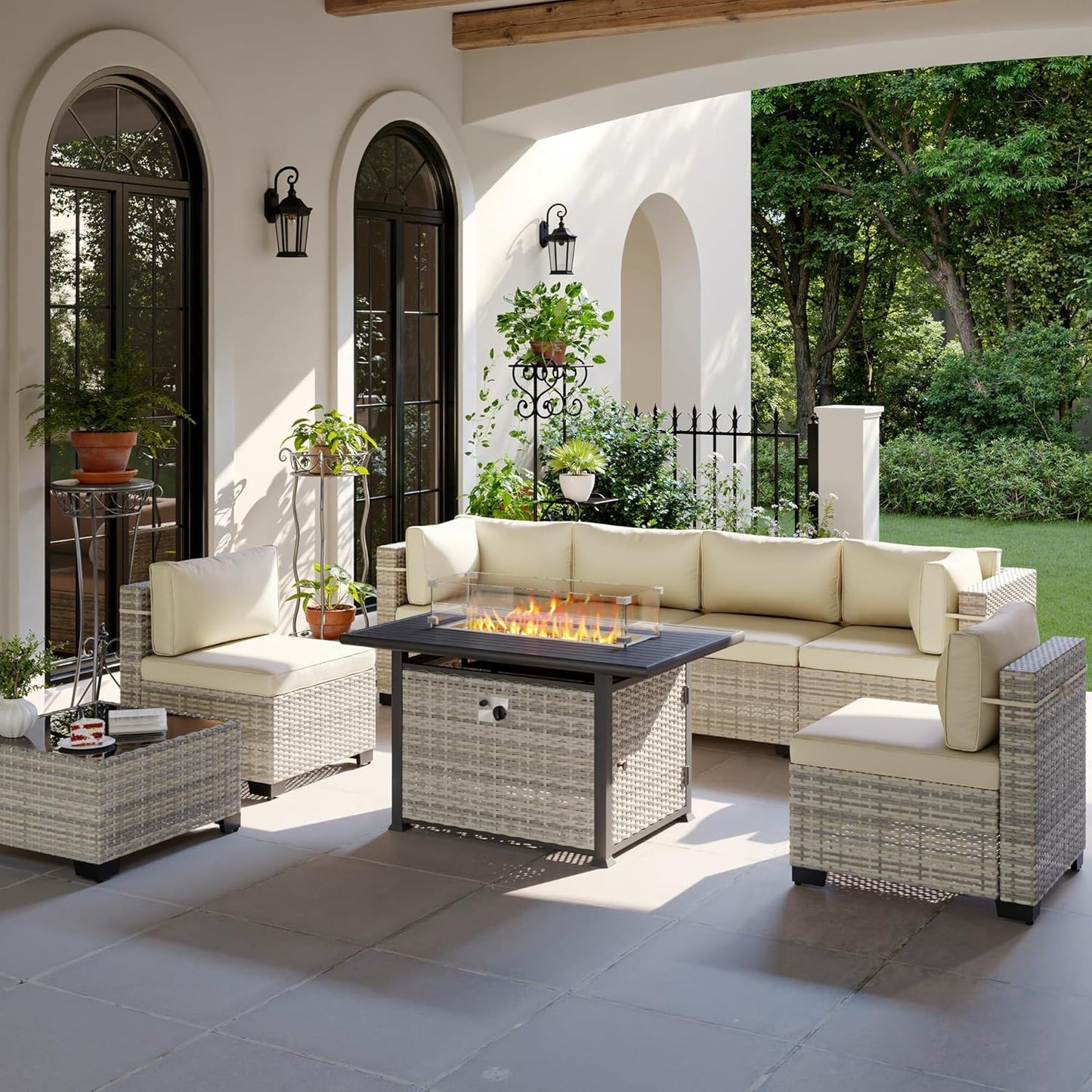 8-Piece Patio Furniture Set, Outdoor Patio Furniture with 55,000 BTU Fire Pit Table, Thick Cushions, Modular Patio Sofa, Dual-Strand Wicker Rattan, Rust-Resistant Frame, Ivory