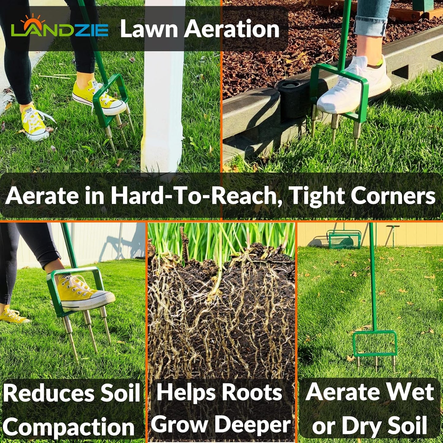 Landzie Spike Tine Fork Lawn Aerator - 42 Inch Manual Stainless Steel Gardening Hand Tool - Grass Dethatcher Aerator Lawn Tool with Solid Tines for Compacted Soil - Lawn Plugger Aerator…