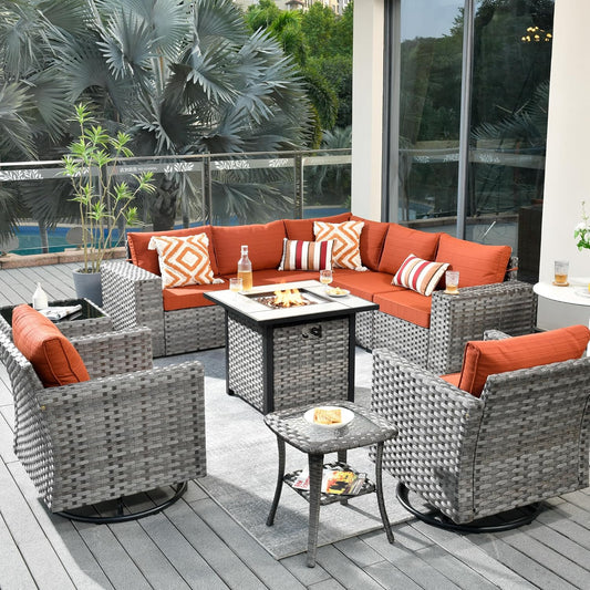 HOOOWOOO 10 Piece Modular Patio Outdoor Sectional Furniture Set with Gas Propane Fire Pit Table,Wicker Conversation Sofa Set with Swivel Chairs,Outside Couch Set(Orange Red)