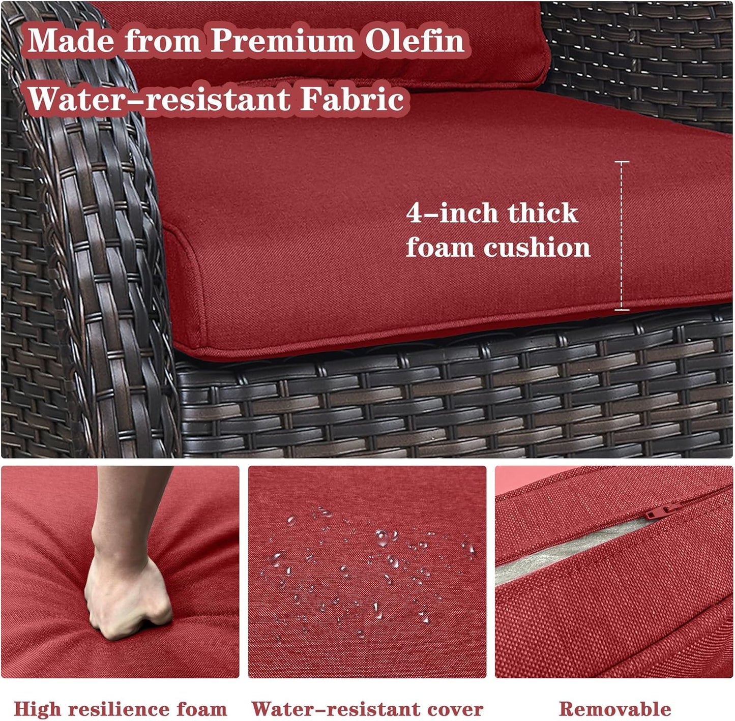 5 Piece Outdoor Patio Furniture Set - Wicker Furniture Patio Conversation Set, Outdoor Swivel Rocker Chairs with Loveseat Sofa and 2 Ottomans for Small Space, Red Cushion