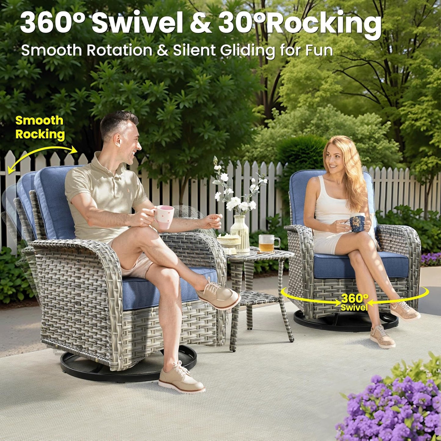 ovios 8 Pieces Patio Furniture Set Outdoor Sectional Sofa Couch with Rocking Swivel Chairs Deep Seat Chaise Comfy Cushions, Modern Modular Wicker Rattan Conversation Set, Denim Blue