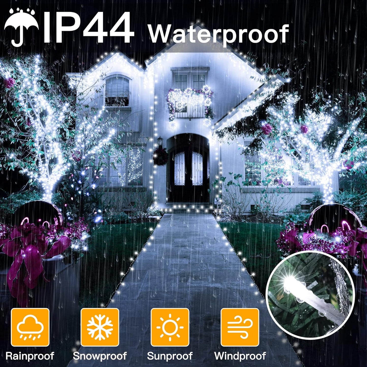 Ollny Christmas Lights Outdoor 400LED 131FT, Cool White Fairy Lights with Remote 3 Timer, Plug in 8 Modes String Lights for Bedroom Indoor Outside House Party Xmas Decorations