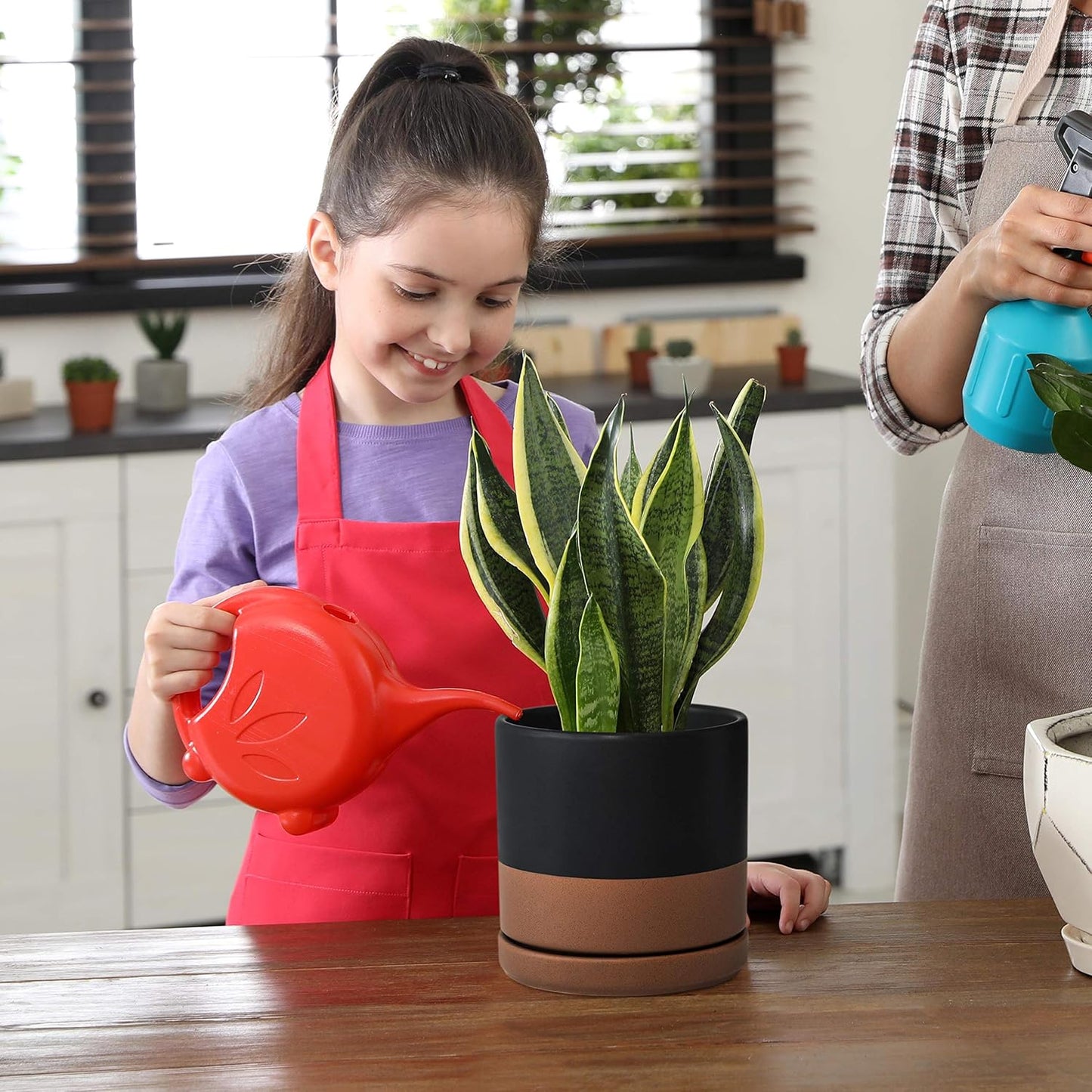 D'vine Dev Set of 2 Plants Pots, 6 Inch Ceramic Planter Pot for Plants with Drainage Hole and Saucer, Black/Speckled Tan, 94-V-C-7