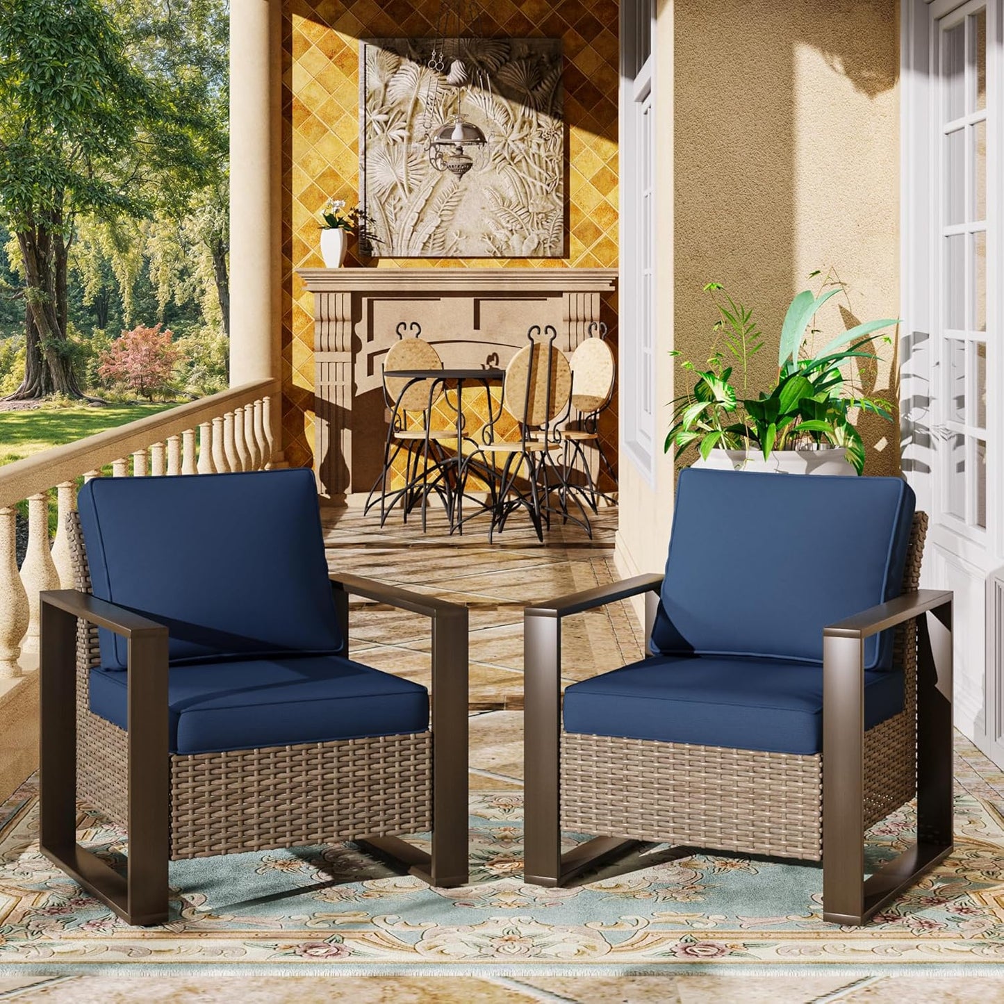 Patio Metal Wicker Chairs Set of 2, All Weather Outdoor Rattan Dining Chairs with Rectangular Framed Wood-Looking Armrest & Fade-Resistant Cushions for Deck Balcony Backyard, Dark Blue