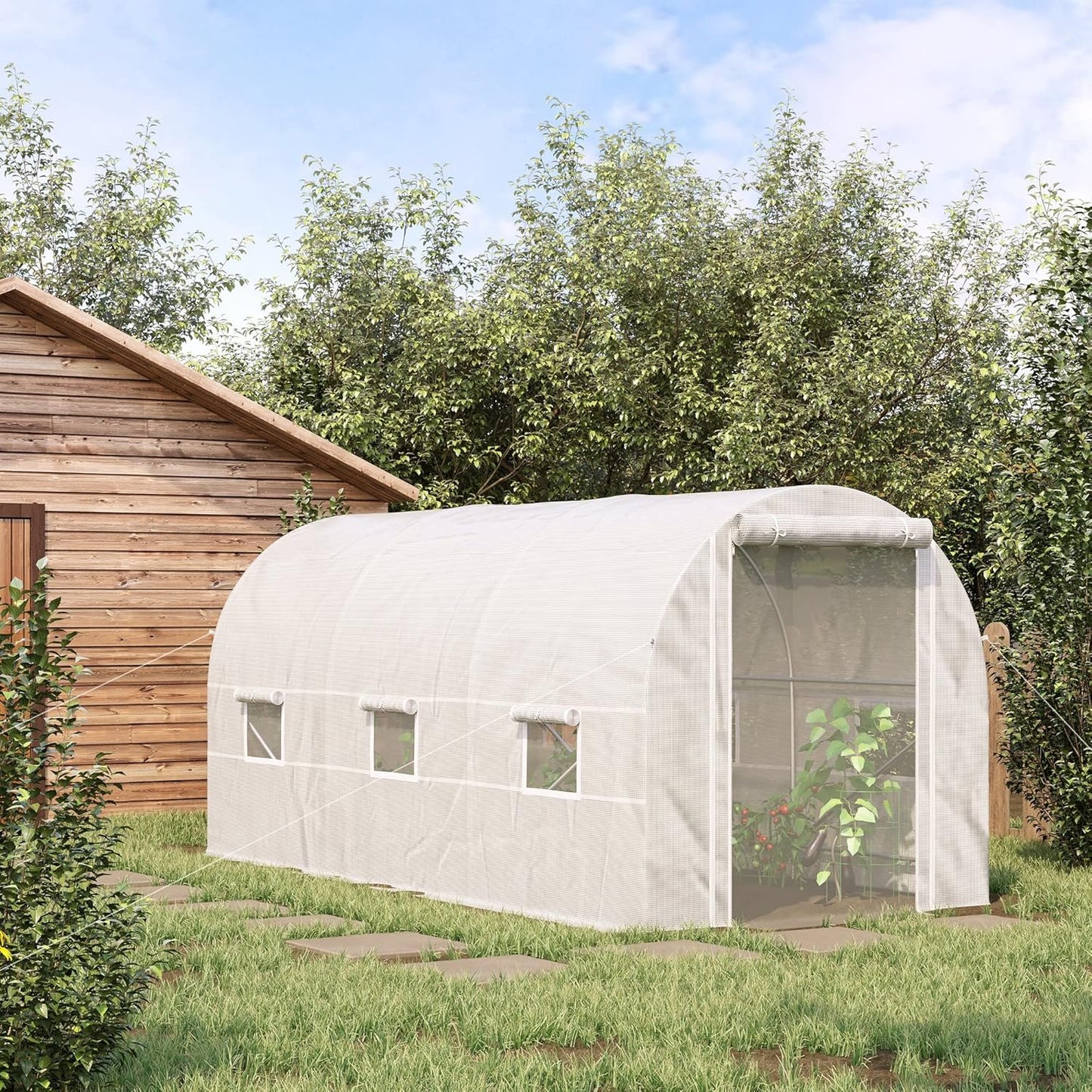Outsunny 15' x 7' x 7' Walk-in Tunnel Greenhouse, Large Heavy Duty Garden Hot Green House Kit with 6 Roll-up Windows & Roll Up Door, Steel Frame for Garden Plants, White