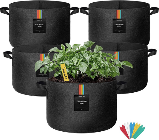 The Growing 5 Pack 7 Gallon Fabric Grow Bags，Thickened Aeration Nonwoven Fabric Plant Pots with Durable Handles,Heavy Duty 300G Planter Pot for Tomato, Fruits, Vegetables and Flowers, Black