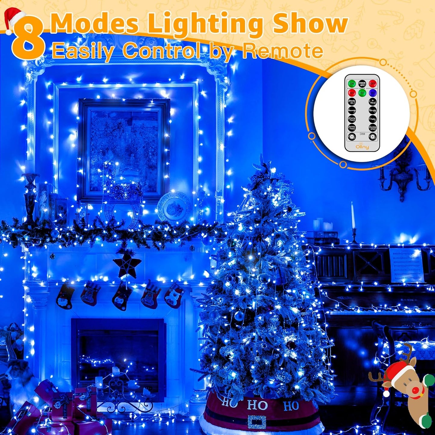 Ollny Christmas Lights Outdoor 800LED 262FT, Blue Plug in Fairy Lights with Remote, 8 Modes Waterproof Timers Dimmable LED String Lights for Indoor House Outside Bedroom Patio Balcony