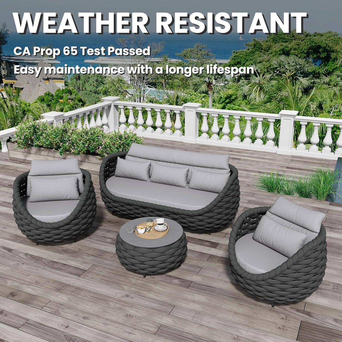 Woven Rope Patio Furniture Set: 4 Pieces Aluminum Outdoor Conversation Sofa Set Assembled - Modern Deck Couch Set Cushioned - All Weather Metal Porch Seating for 5 Person Garden Pool Yard Hotel
