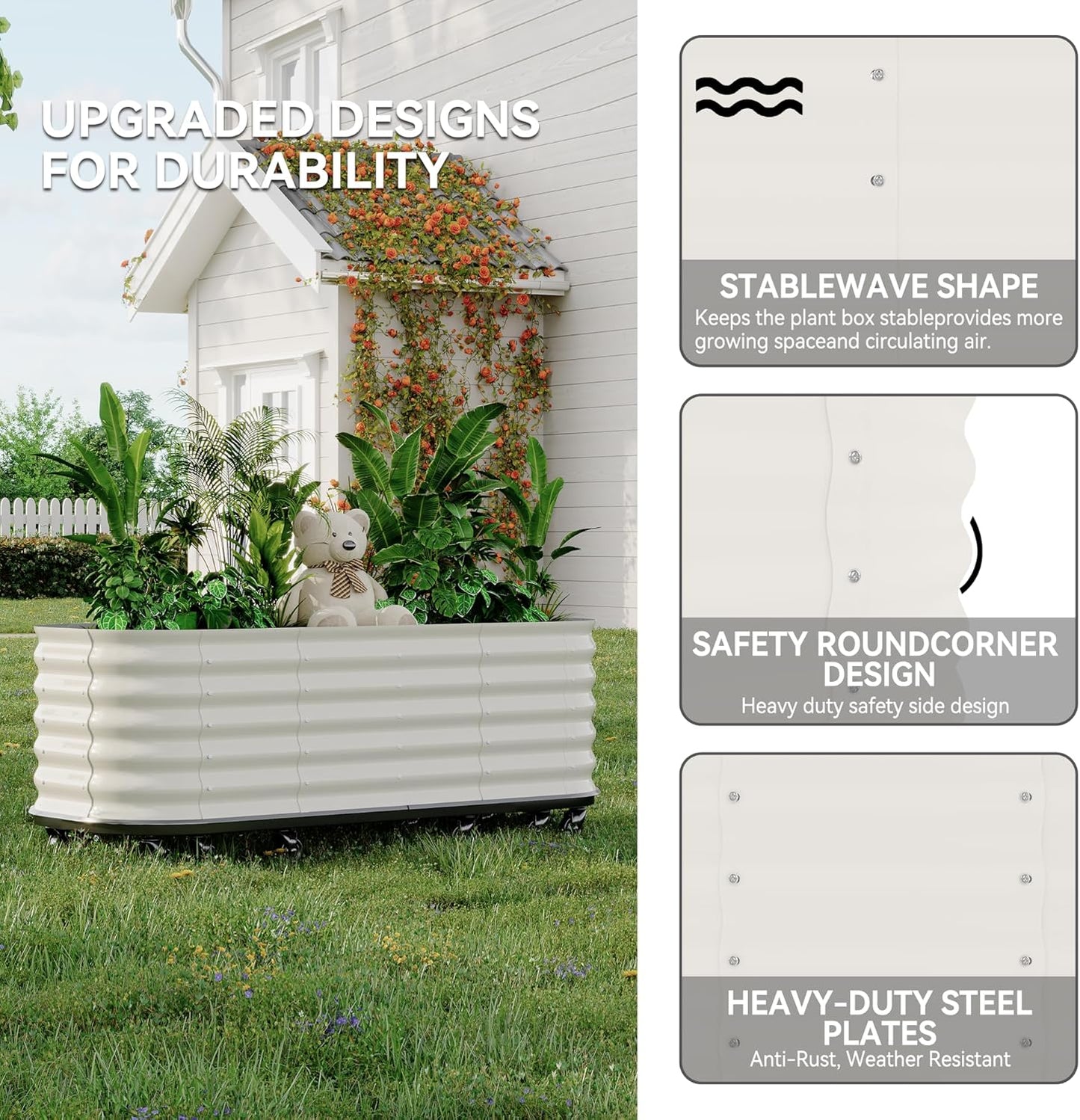 95x24x20in Galvanized Raised Garden Bed with Wheels & Water Reservoir – Durable Outdoor Planter Box, Elevated Raised Beds for Gardening, Portable Garden Box for Indoor/Outdoor Plants,White