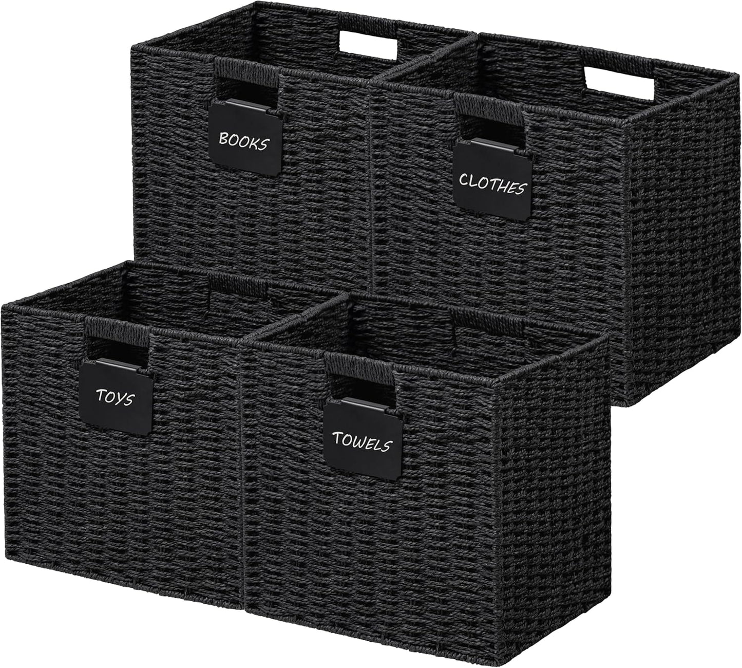 UBBCARE 4 Pack Wicker Basket, 10.5×10.5 Storage Cubes with Label, Foldable Cube Storage Bin with Handle, Square Storage Basket for Shelves, Woven Paper Rope Basket for Organizing, Black