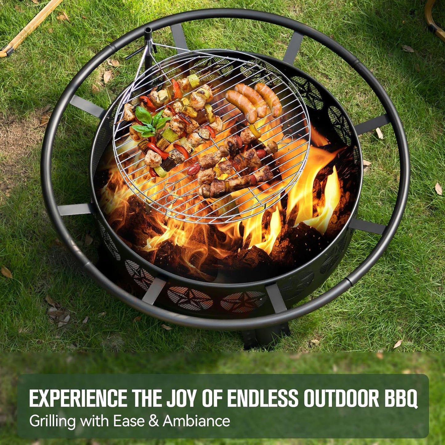 38” Wood Burning Fire Pits for Outside,3-in-1 Fire Pit with Grill, Spark Screen & Fire Poker,Outdoor Firepit Table with Swivel Cooking Grate for Yard BBQ Bonfire Patio Camping (38 inch)