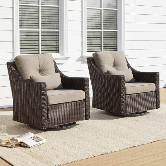 CHITA 2 Pieces Patio Wicker Chairs, 360° Rocking Swivels Outdoor Rattan Chair with Thickened Cushions for Backyard, Poolside, Garden or Porch
