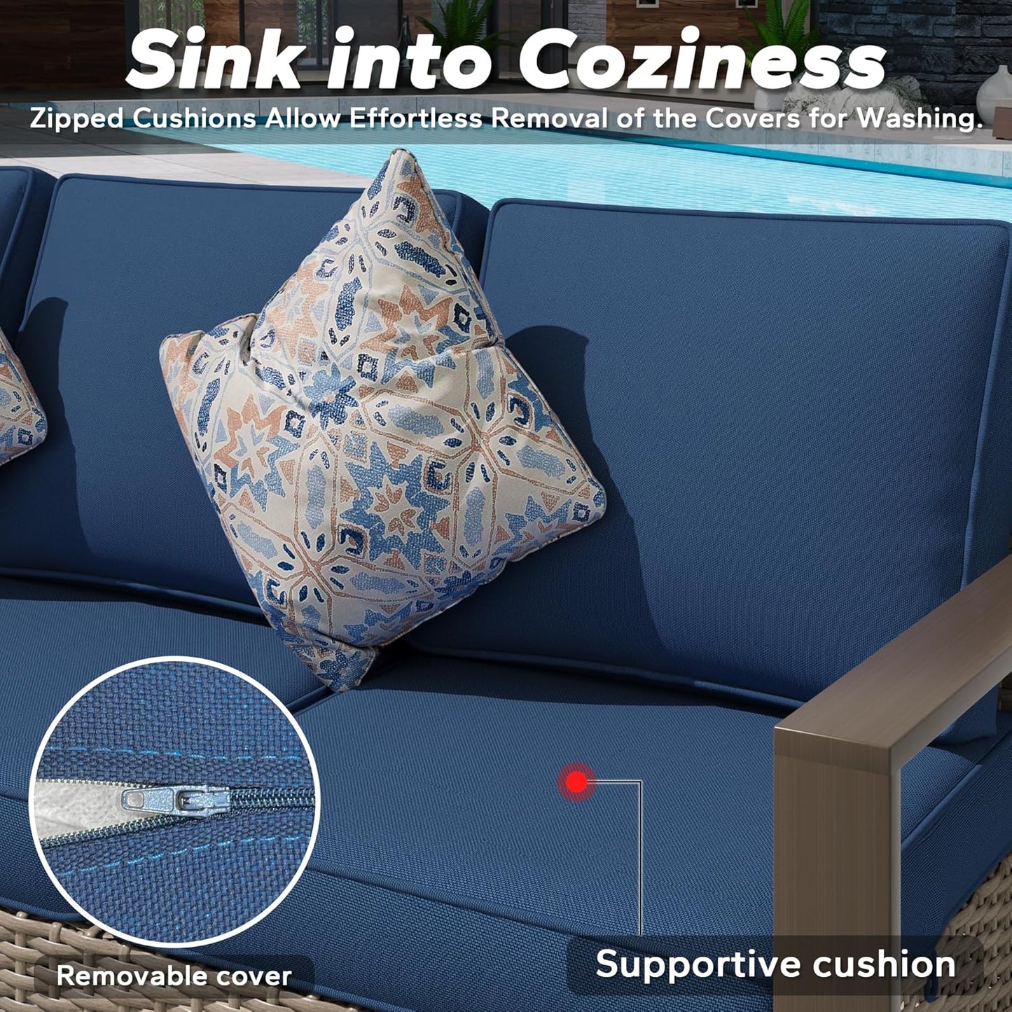 Wicker Patio 75" Sofa Set with 2 Swivel Chairs, All Weather Rattan Outdoor Conversation Furniture Set with Wood-Looking Metal Armrest & Removable Cushions for Backyard Porch, Dark Blue