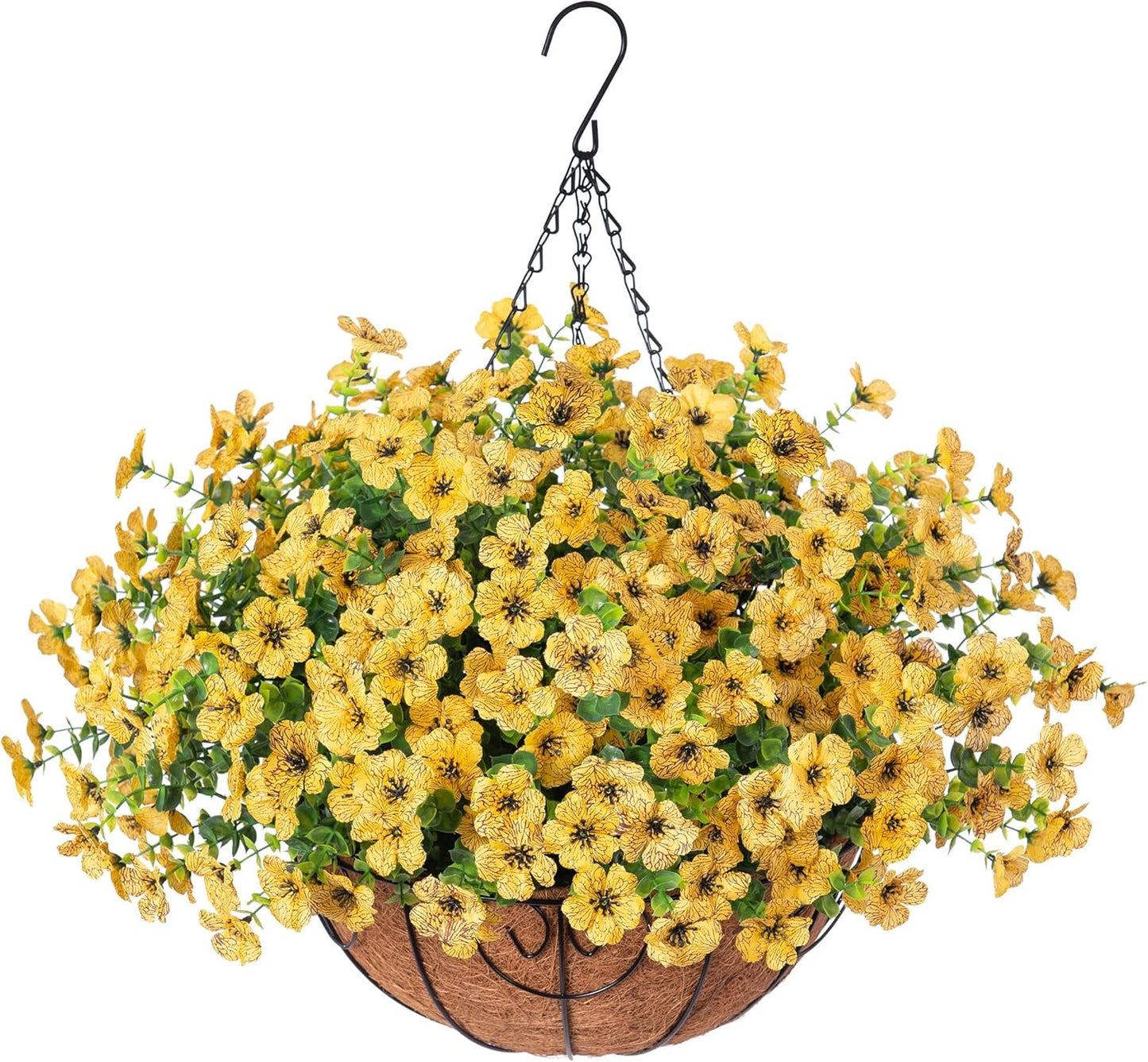 Artificial Fake Fall Hanging Mums Plants Flowers Basket for Outdoor, Autumn Faux Silk Yellow Daisy in Hang Planter Look Real UV Resistant for Porch Home Patio Balcony Yard Decor
