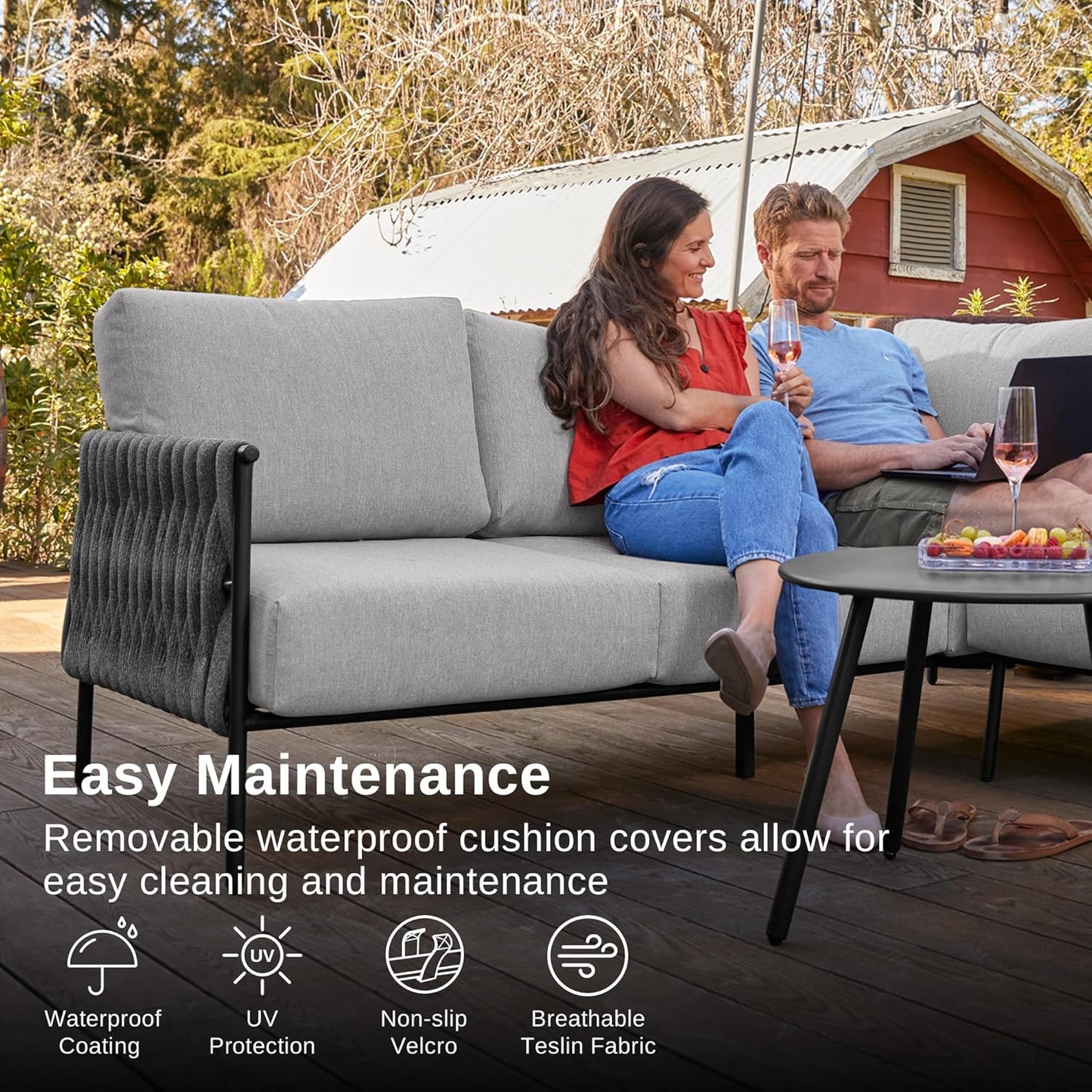 EAST OAK Life Chatter Patio Furniture Set, Outdoor Furniture Sectional Sofa Set with Round Coffee Table, 4 Seats Sofa Deep Seating with Thick & Washable Cushions, Black & Grey