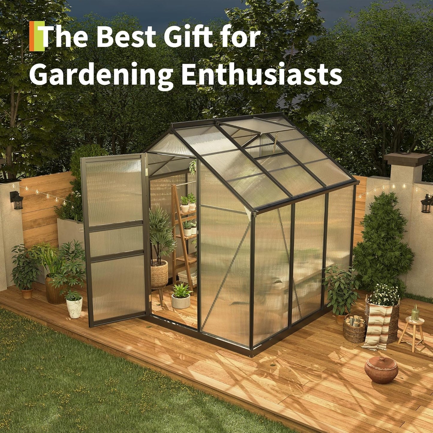 6*6 FT Outdoor Walk-in Greenhouse, Polycarbonate Green House, Heavy Duty Greenhouse with Vented Roof Window, Windproof Aluminum Frame, Suitable for Outside Gardening, Backyard, Patio