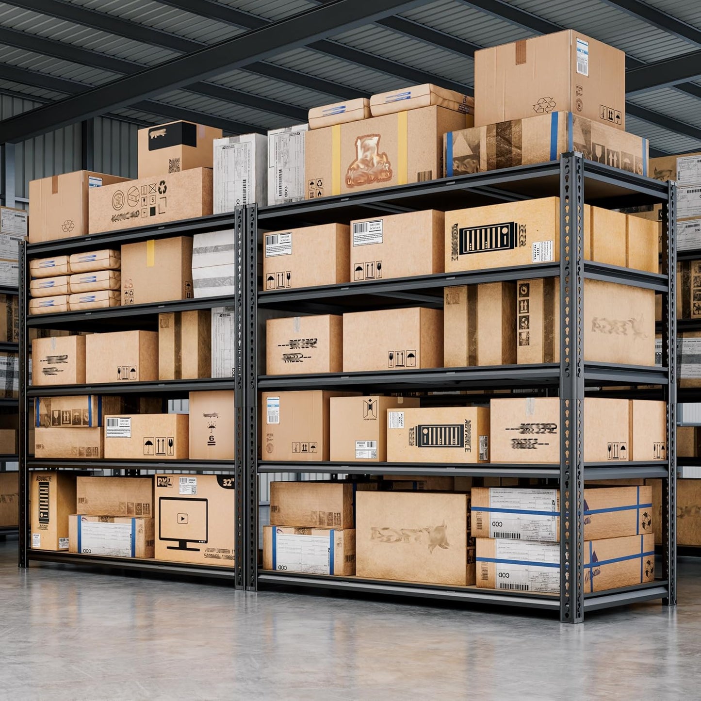 48"W Garage Shelving, 3050LBS Storage Shelves heavy duty, 5 Tier Metal Shelving Unit Adjustable Garage Shelves Heavy Duty Shelving for Warehouse,Commercial, Kitchen, 48" W × 18" D × 72" H, Black, 2PCS