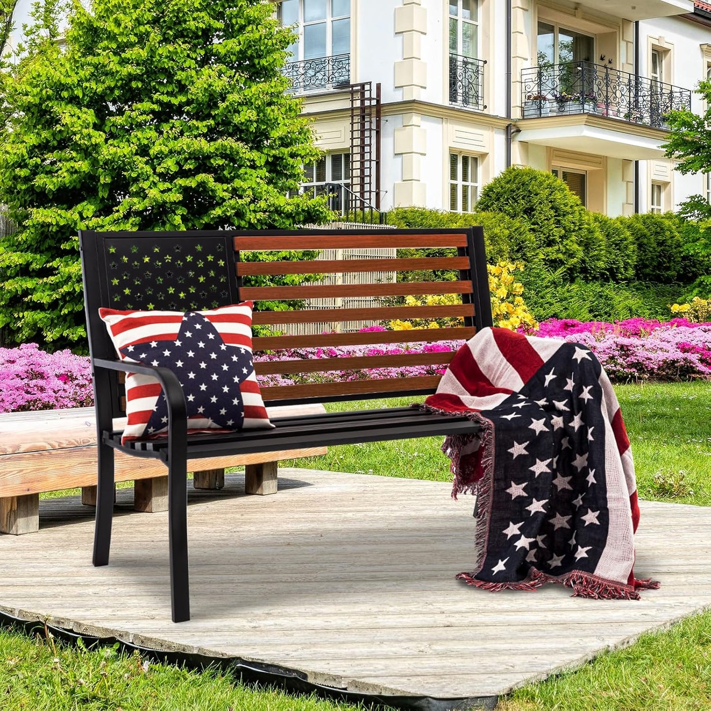 𝐀𝐭𝐭𝐥𝐢𝐚𝐬𝐚𝐥𝐨𝐧 50” Outdoor Bench Garden Bench with American Flag Style, Sturdy Cast Iron Metal Frame Patio Park Bench for Porch Yard Lawn Deck Park