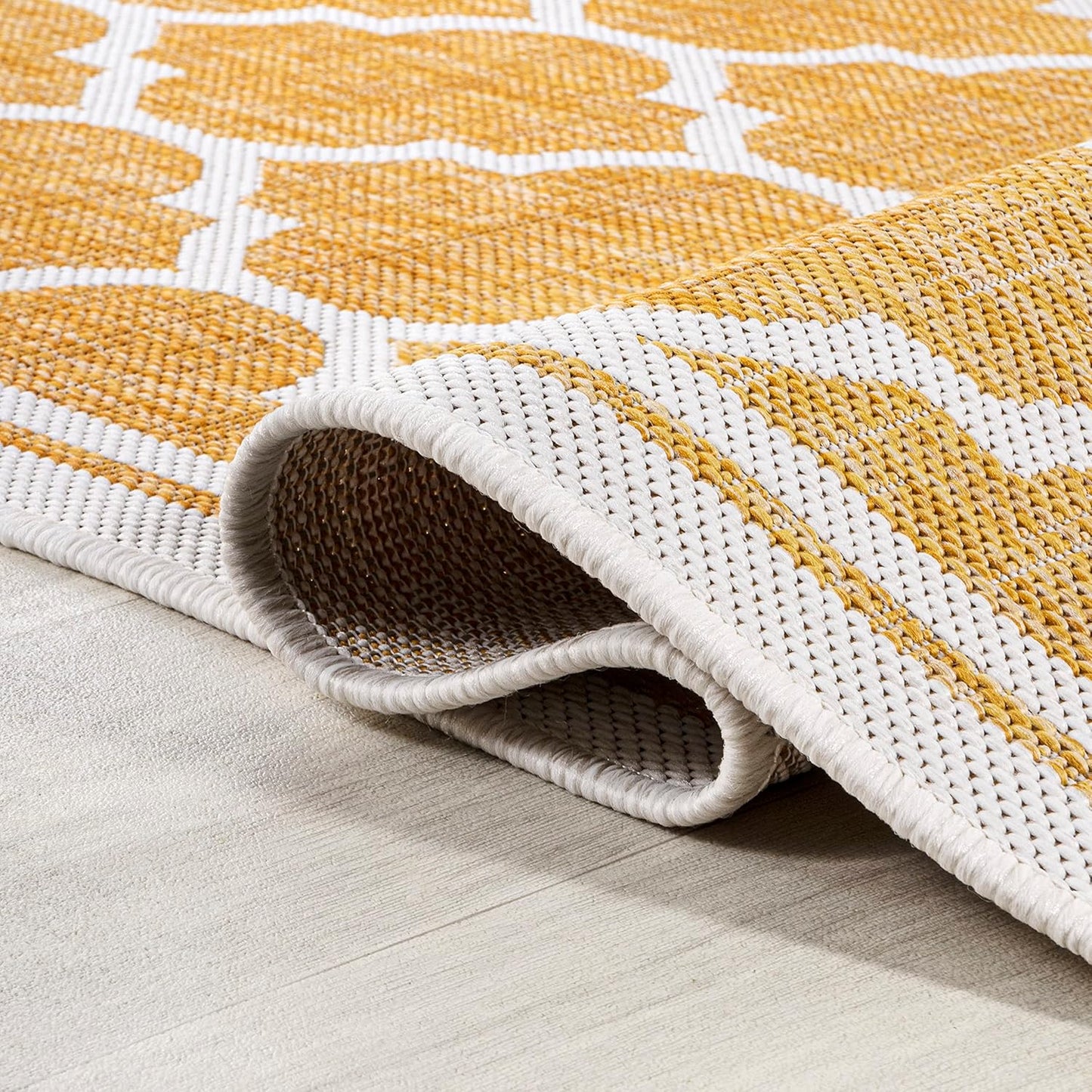 Eyely BMS109F-5R Santa Monica Trebol Moroccan Trellis Textured Weave Indoor/Outdoor Area Rug Coastal;Bohemian, Bedroom, Backyard, Patio, Easy-Cleaning, Non-Shedding, 5' Round, Yellow/Cream