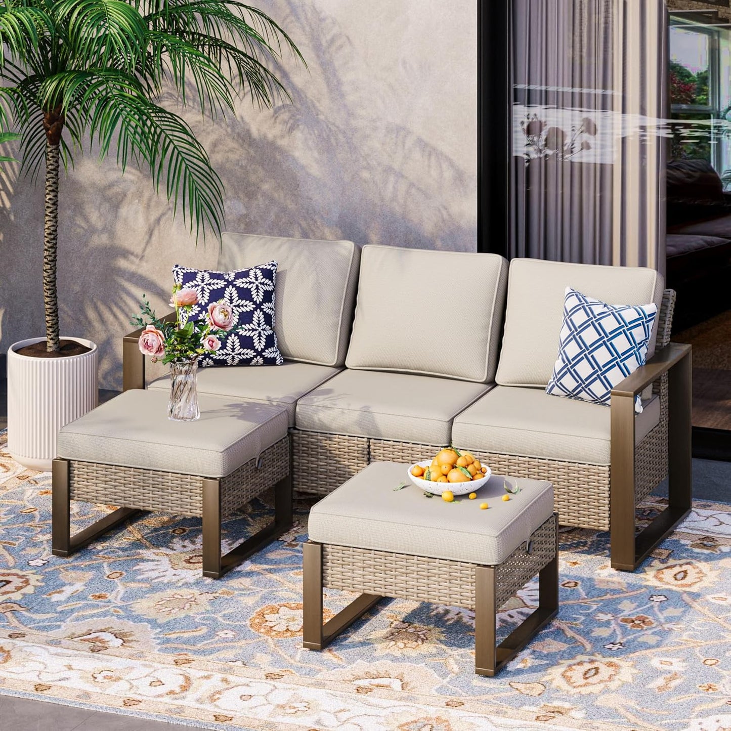 Wicker Patio 75" Sofa Set with Two Ottomans, All Weather Rattan Outdoor Conversation Furniture Set with Wood-Looking Metal Armrest for Deck Backyard Porch, Beige