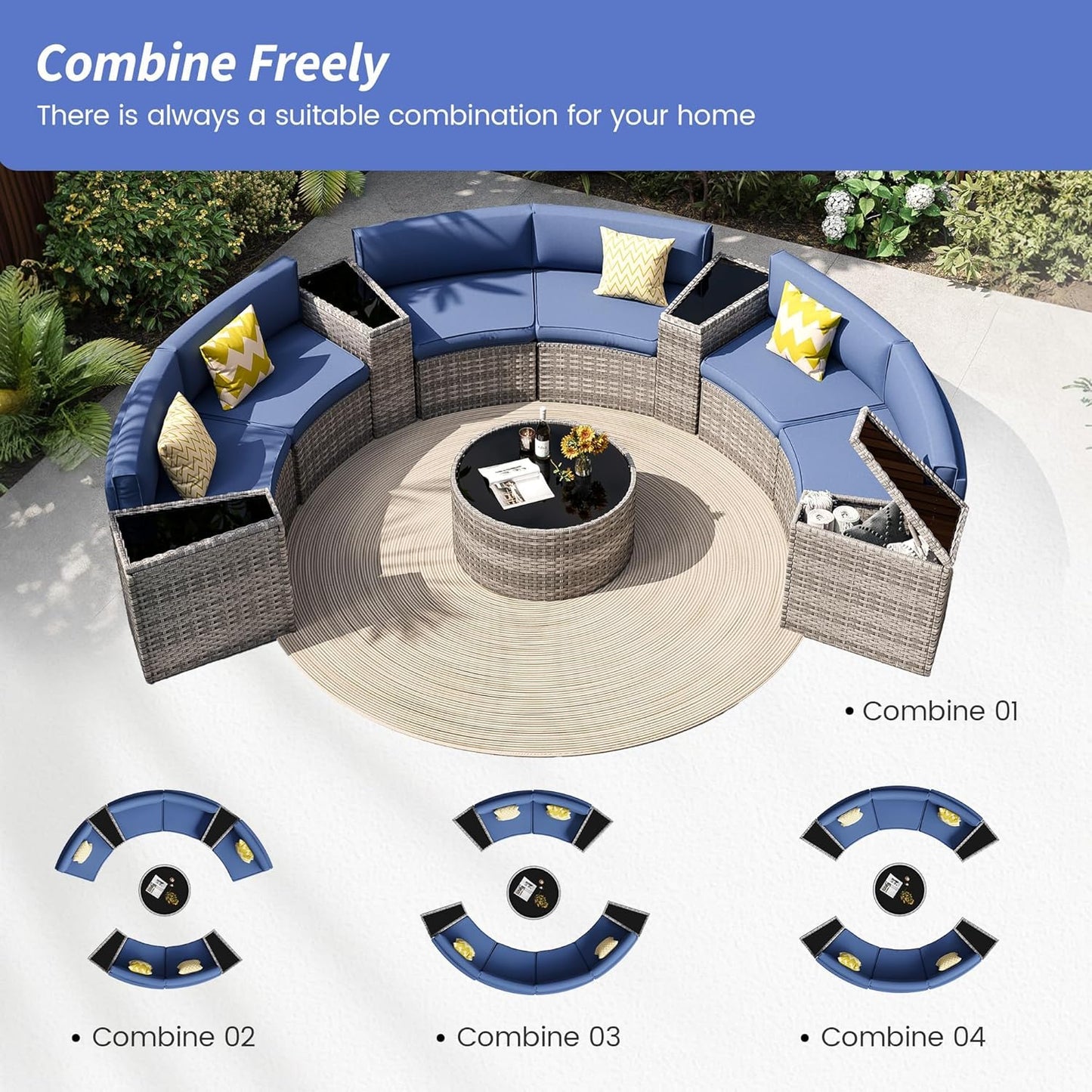 Patio Sectional Furniture Outdoor 11-Piece Grey Rattan Curved Sofa Set with Storage Table, Pillows, Fit for Pool Backyard Balcony Porch Lawn (Navy)