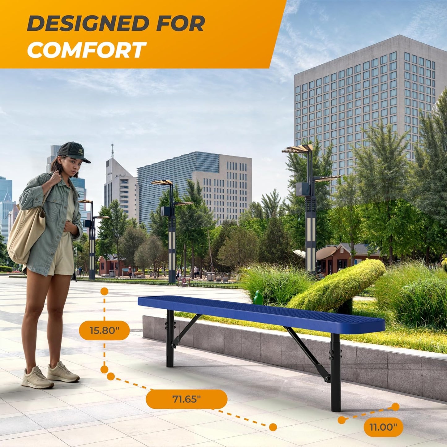 Heavy-Duty Outdoor Metal Bench, Thermoplastic-Coated, Inground, Weatherproof, Commercial-Grade for Parks, Gardens, Patios, Stores & More (6 Ft - Inground, Blue)