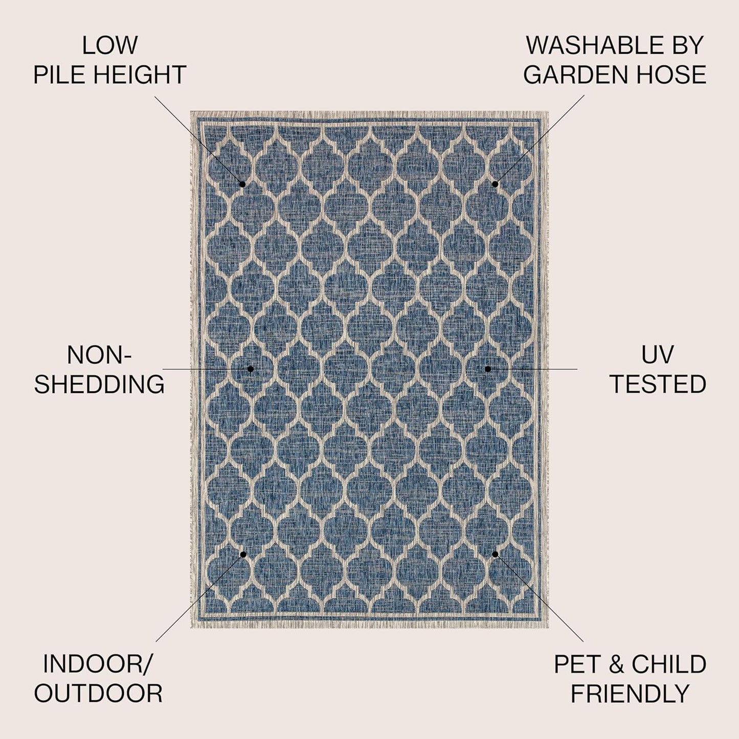 Eyely BMS109D-6SQ Santa Monica Trebol Moroccan Trellis Textured Weave, Pet Friendly, Non-Shedding, Stain Resistant, Easy-Cleaning, Navy/Gray, 6' Square, Indoor/Outdoor, Area Rug