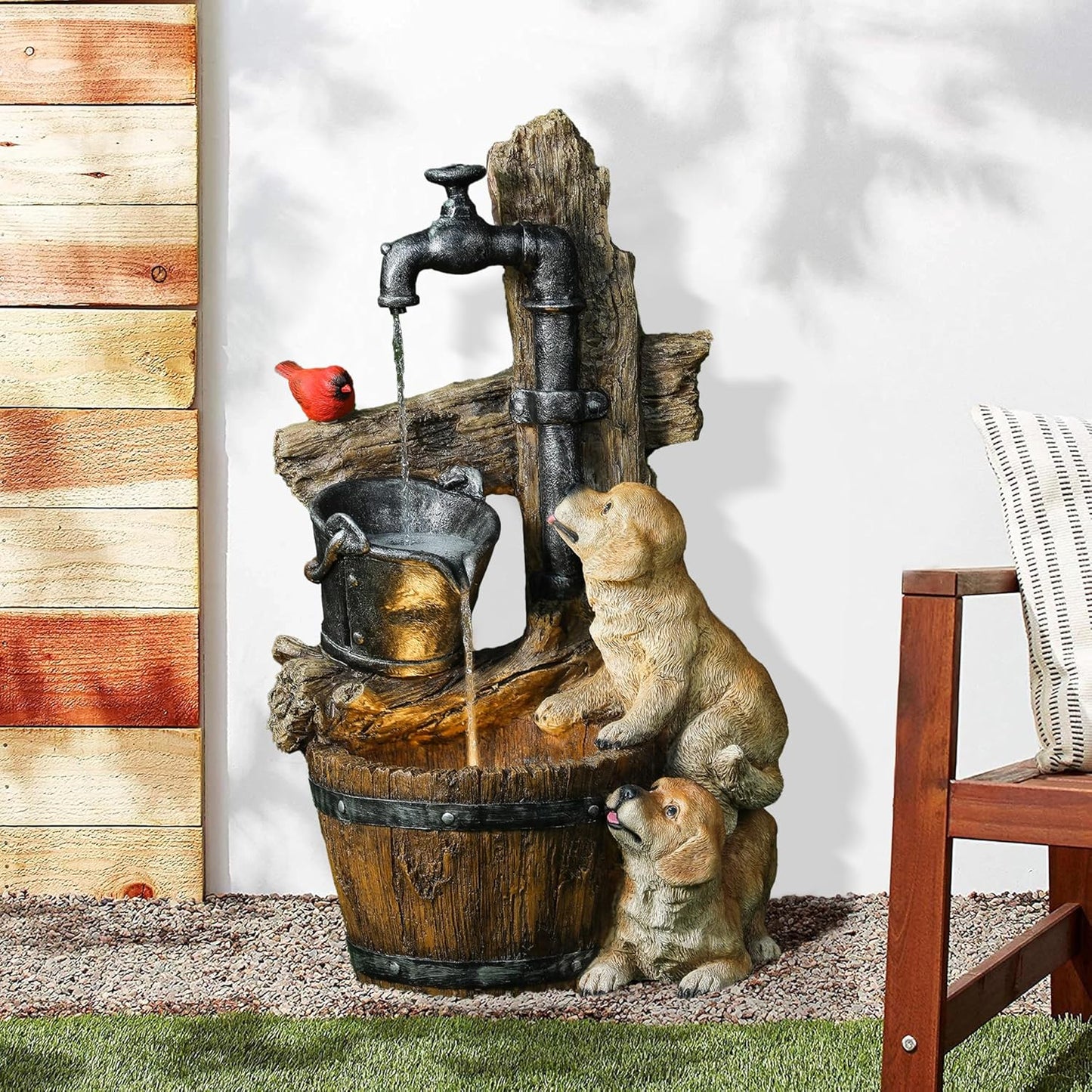 LuxenHome Water Fountain Outdoor, 30" Rustic Outdoor Water Fountain with LED Lights, Rustic Barrel Puppy and Pump Water Feature Outdoor, Garden Fountains Outdoor Patio, Porch, or Indoor Entryway