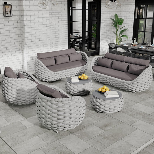 Lanai Outdoor Furniture Set: 6-Piece Aluminum Woven Rope Patio Conversation Sofa Set w/Table - Modern Cushions Couch Set - No Assembly Metal Porch Seating for Deck Yard Garden Pool Hotel Resort
