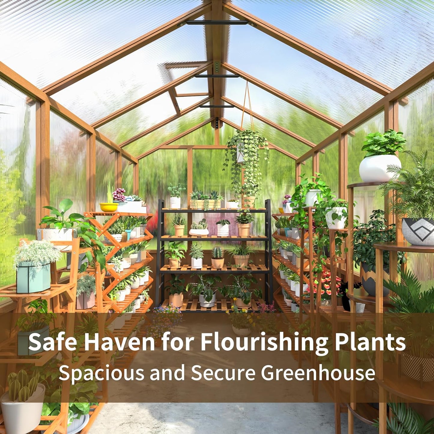 Wooden Greenhouse 6x10 FT, Walk-in Greenhouse for Outdoors with 6MM Thick Polycarbonate Panel and Adjustable Roof Vents, Garden Backyard, Wood Colour