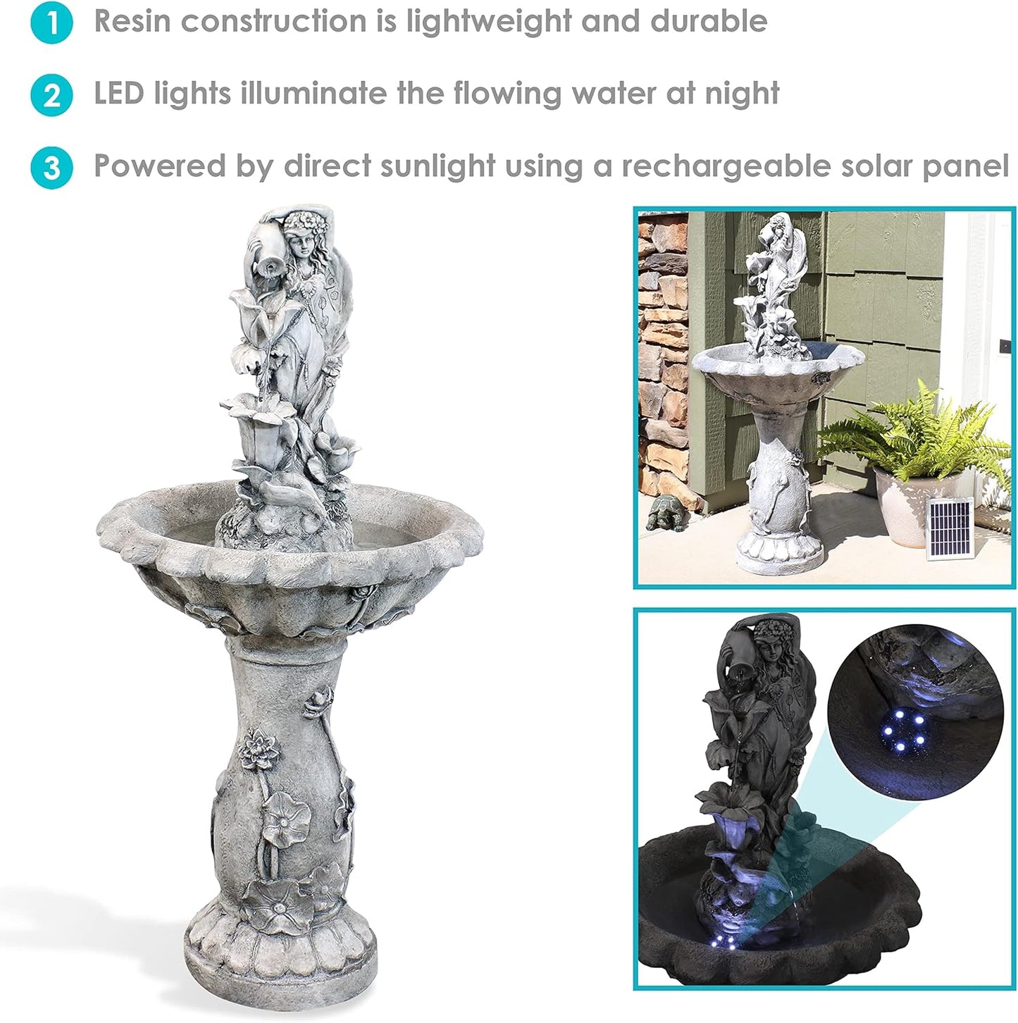 Sunnydaze Fairy Flower Solar Water Fountain - 42-Inch Outdoor Water Feature with LED Light - for Garden, Patio, Decks