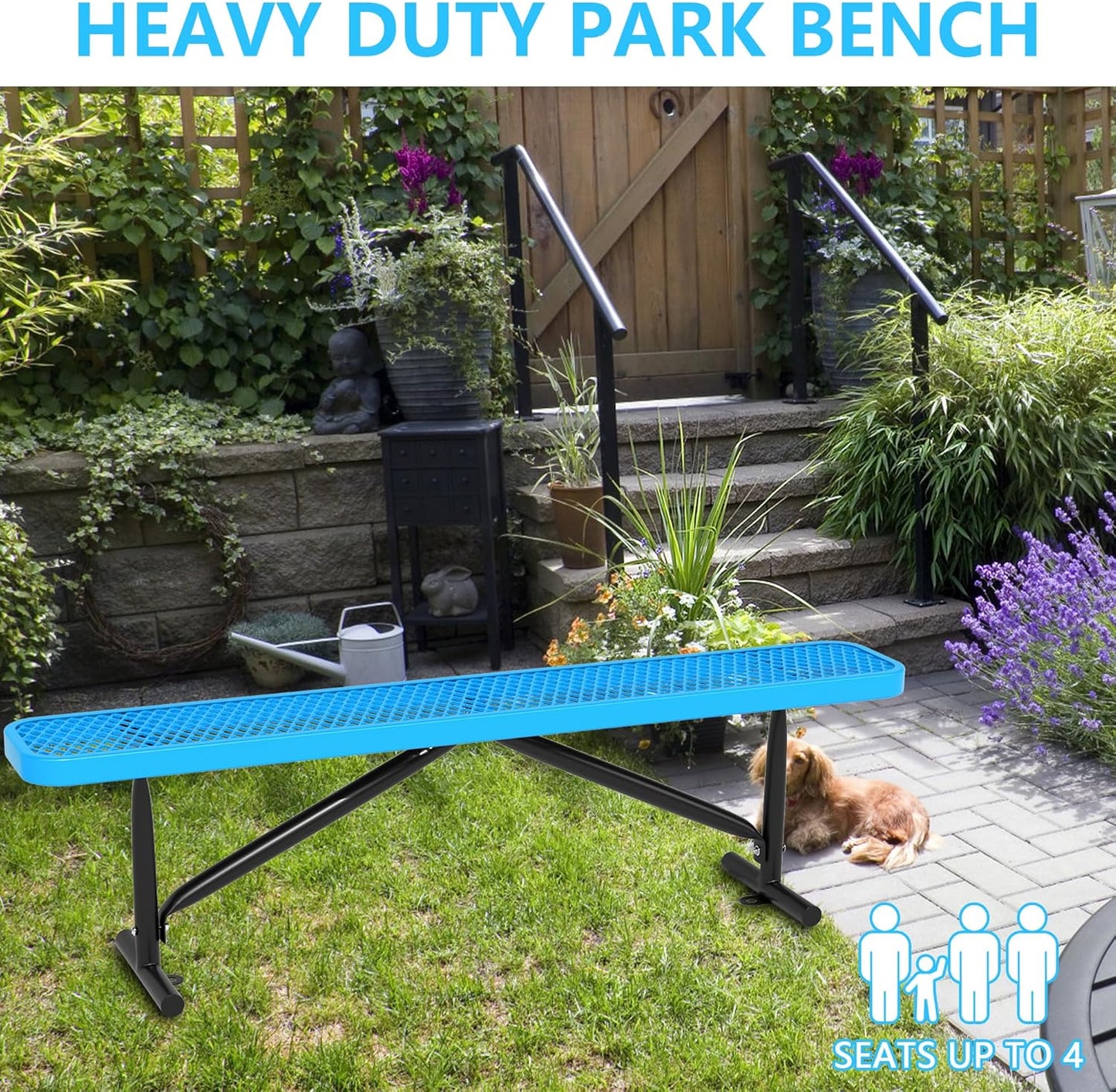 48" L Outdoor Steel Flat Bench, Heavy Duty Metal Park Bench for Outside, Expanded Metal, Commercial Benches Mesh Bench for Shopping Mall, Store, Lawn, Park, Patio, Deck, Garden (Blue, 6FT)