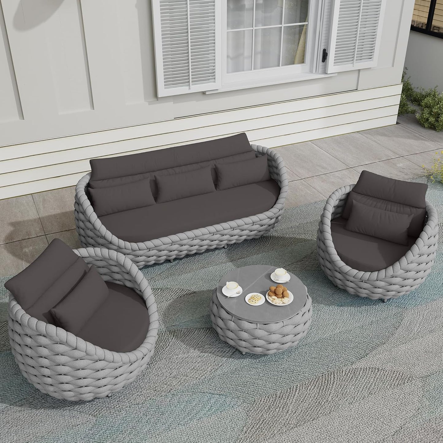 TWT Aluminum Patio Furniture Set Three Seater Sofa Outdoor Furniture Set w/Coffee Table,Patio Conversation Set with Hand Woven Polyester Rope for Bedroom Backyard Poolside, Grey