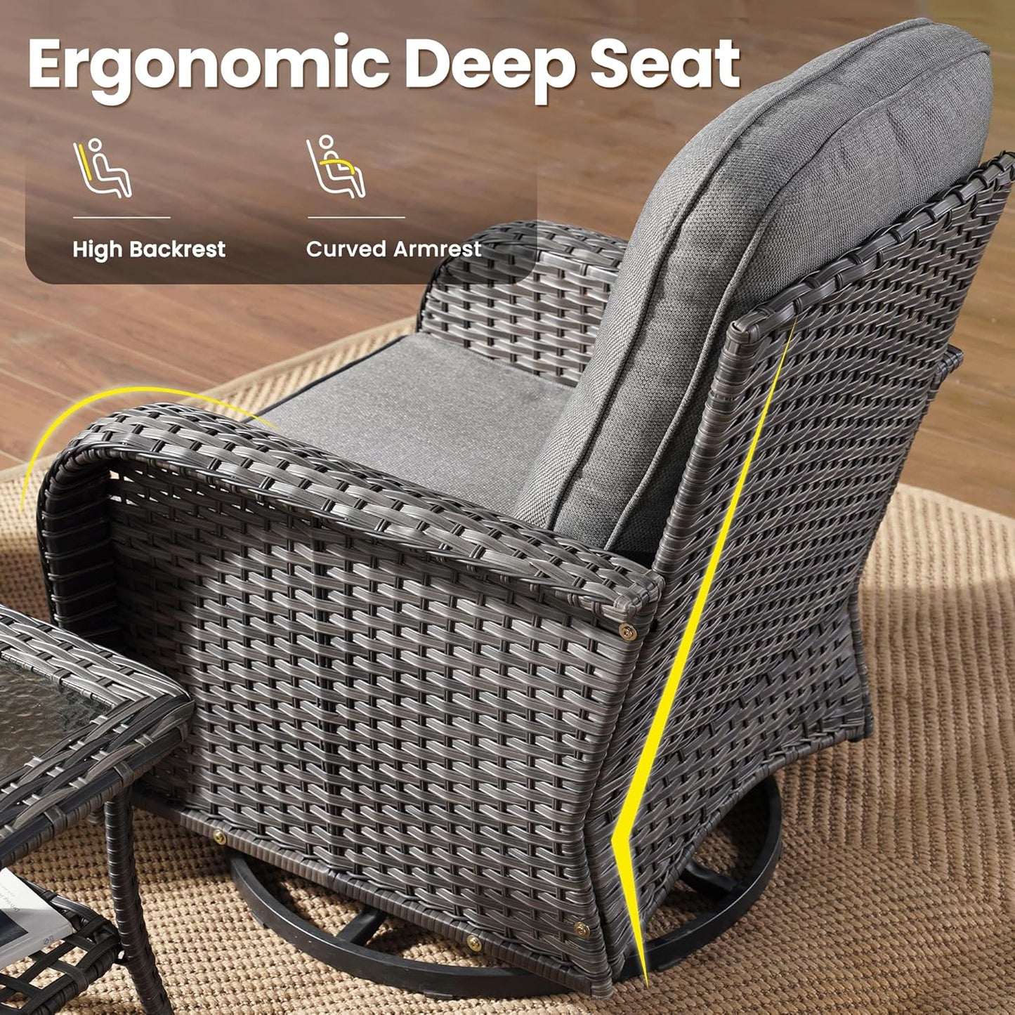 ovios 5 Pieces Patio Furniture Set, Outdoor Wicker Sofa with Swivel Chairs, Coffee Table, All Weather High Back Rattan Loveseat Couch with Comfy Cushions, Dark Grey