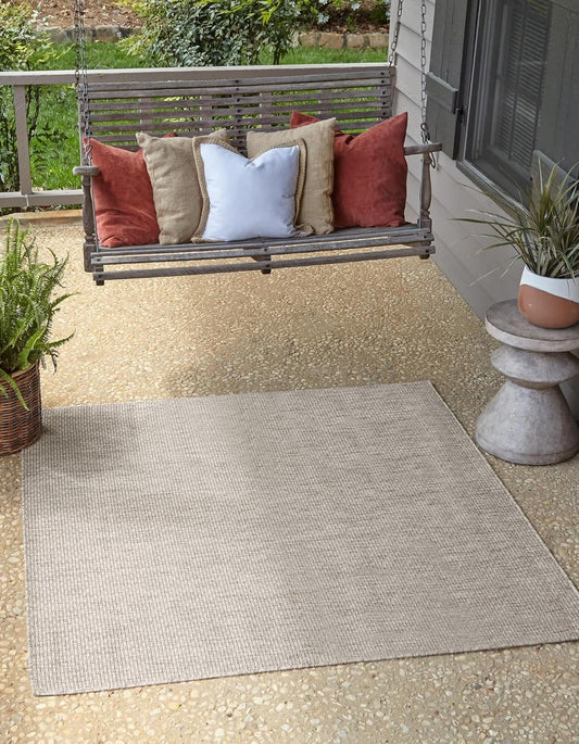 Unique Loom Collection Casual Transitional Solid Heathered Indoor/Outdoor Flatweave Area Rug (5' 3" Square, Light Gray/Ivory)