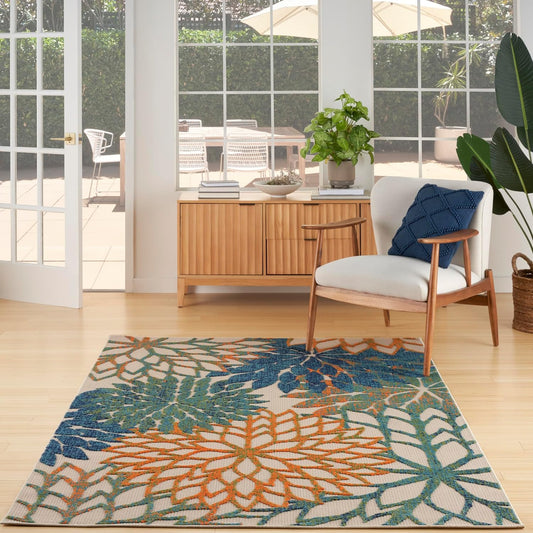 Nourison Home Aloha Indoor Outdoor Blue Green 3'6" x 5'6" Area Rug, Easy Cleaning, Non Shedding, Bed Room, Living Room, Dining Room, Backyard, Deck, Patio (4x6)