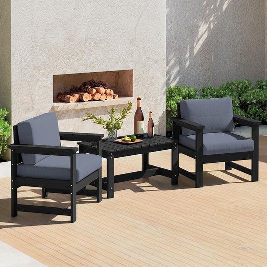 SERWALL 3 Pieces HDPE Outdoor Sofa Bistro Set with Cushions, Outdoor Furniture Sofa Sets with Coffee Table and Cushions, All Weather Conversation Social Set, Black Frame and Grey Cushion