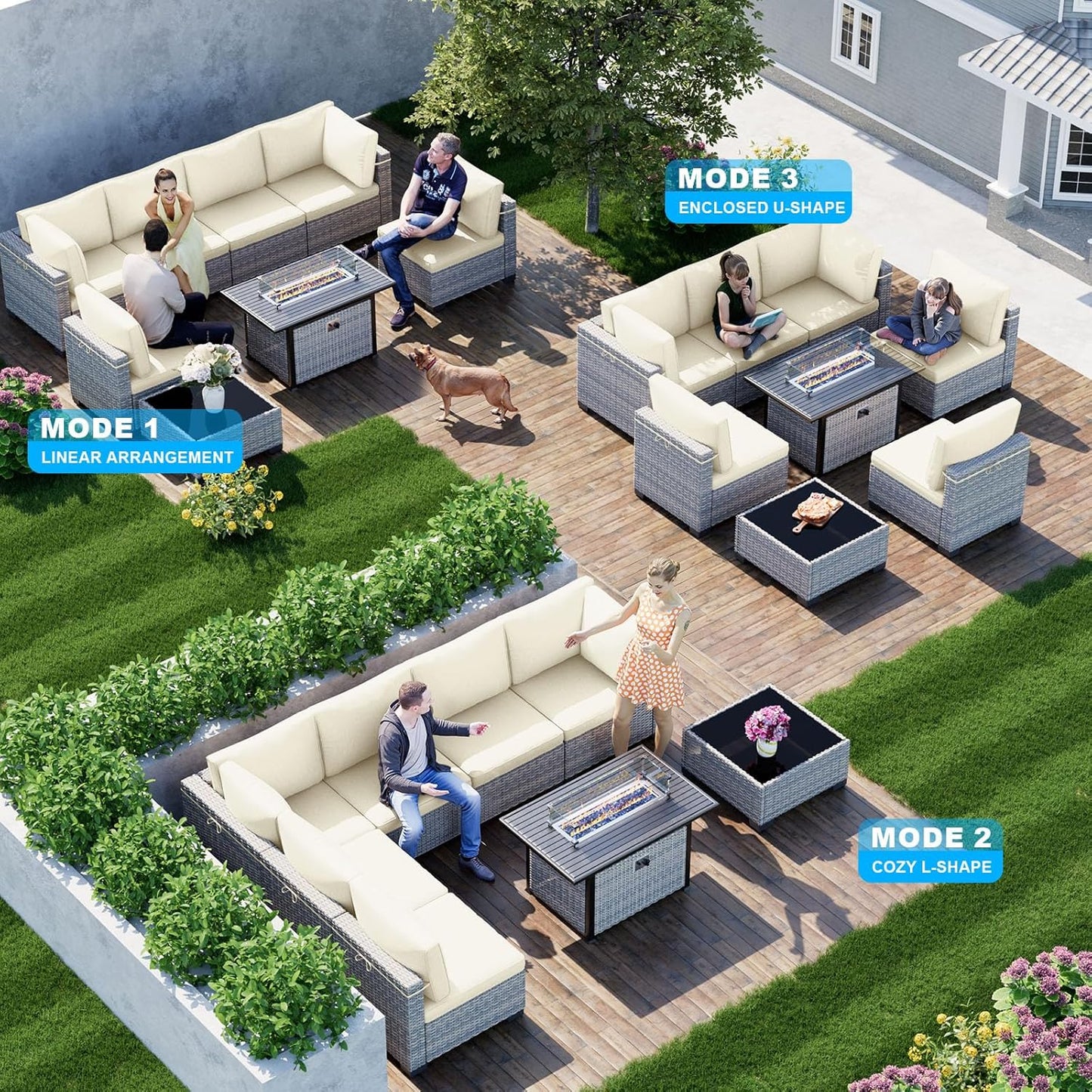 8-Piece Patio Furniture Set, Outdoor Patio Furniture with 55,000 BTU Fire Pit Table, Thick Cushions, Modular Patio Sofa, Dual-Strand Wicker Rattan, Rust-Resistant Frame, Ivory