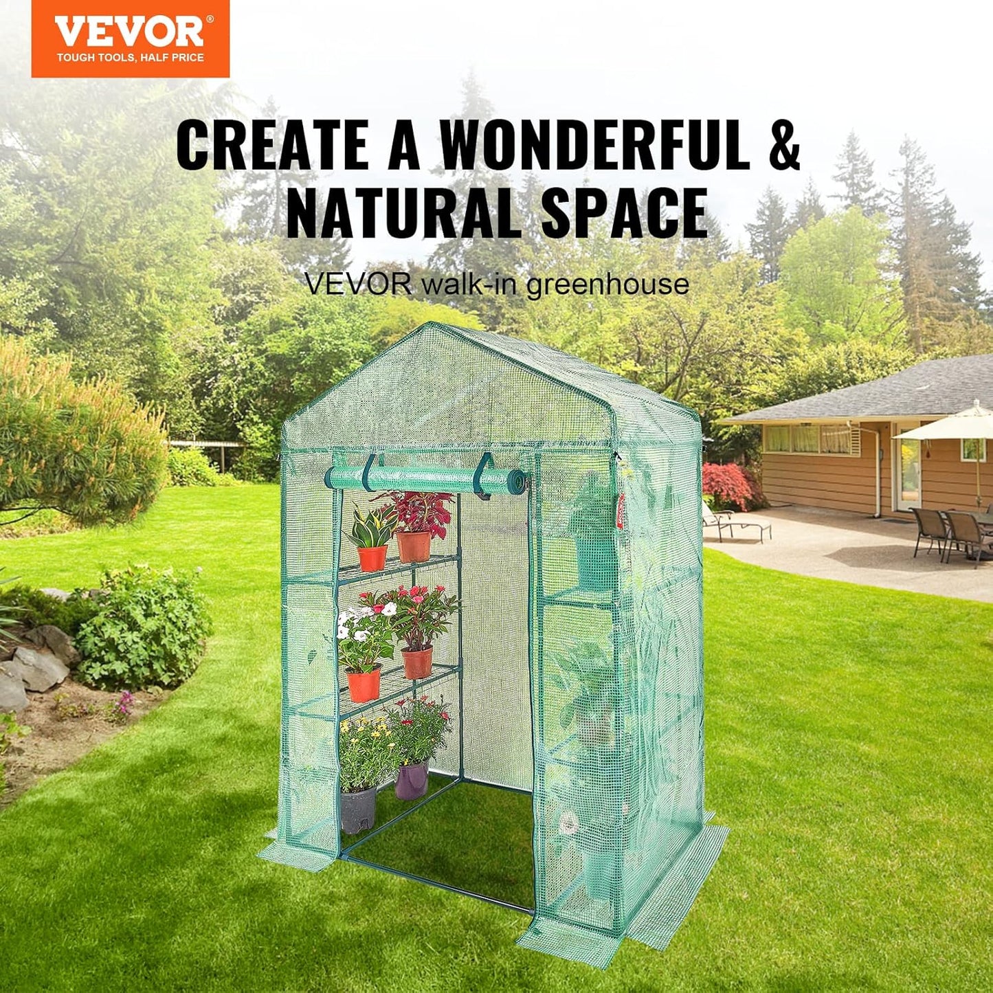 VEVOR Walk-in Green House, 55.5 x 29.3 x 80.7 inch, Portable Greenhouse with Shelves, High Strength PE Cover with Roll-up Zipper Door and Steel Frame, Set Up in Minutes, for Planting and Storage