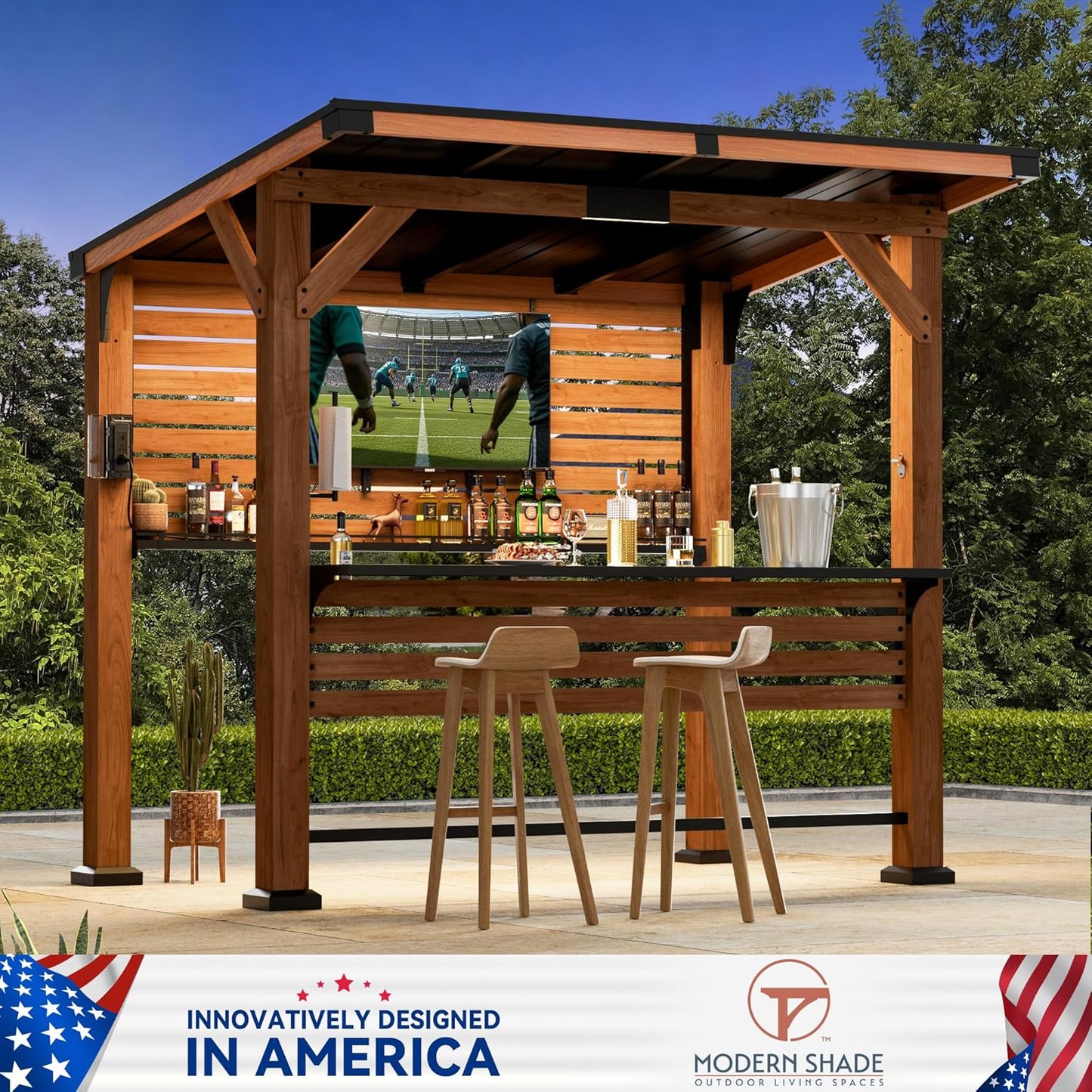 Modern Shade The Aura Cedar Wood Entertainment Bar Center, Wood Gazebo Grill Pavilion with Shelves & Paper Towel Holder, Grill Gazebo with Hardtop Steel Roof,TV Mount, Power Strip for Patio, Garden