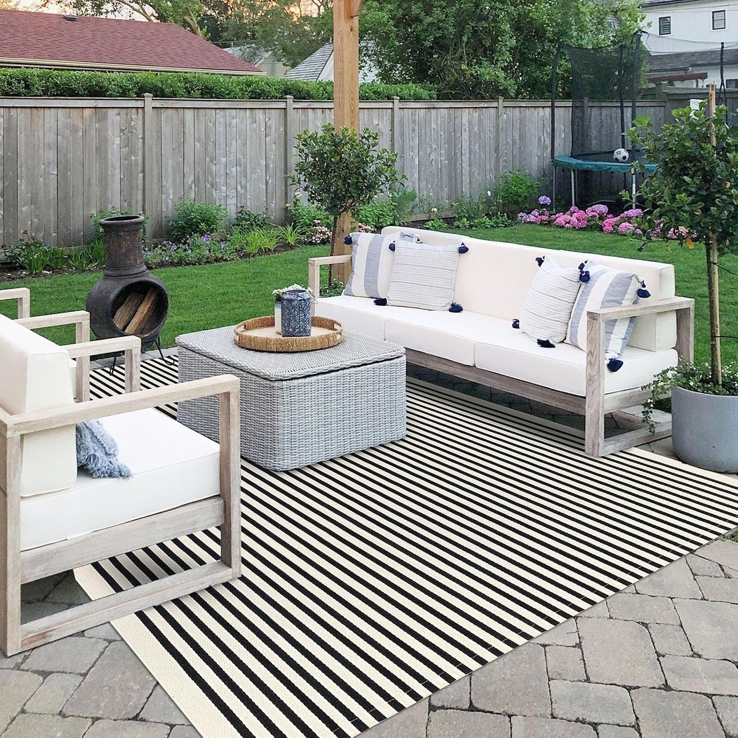 IOHOUZE Black Beige Striped Rug -8'x10' Indoor Outdoor Rug, Washable Area Rug for Living Room, Large Patio Rug, Cotton Striped Rugs for Patio Living Room Bedroom