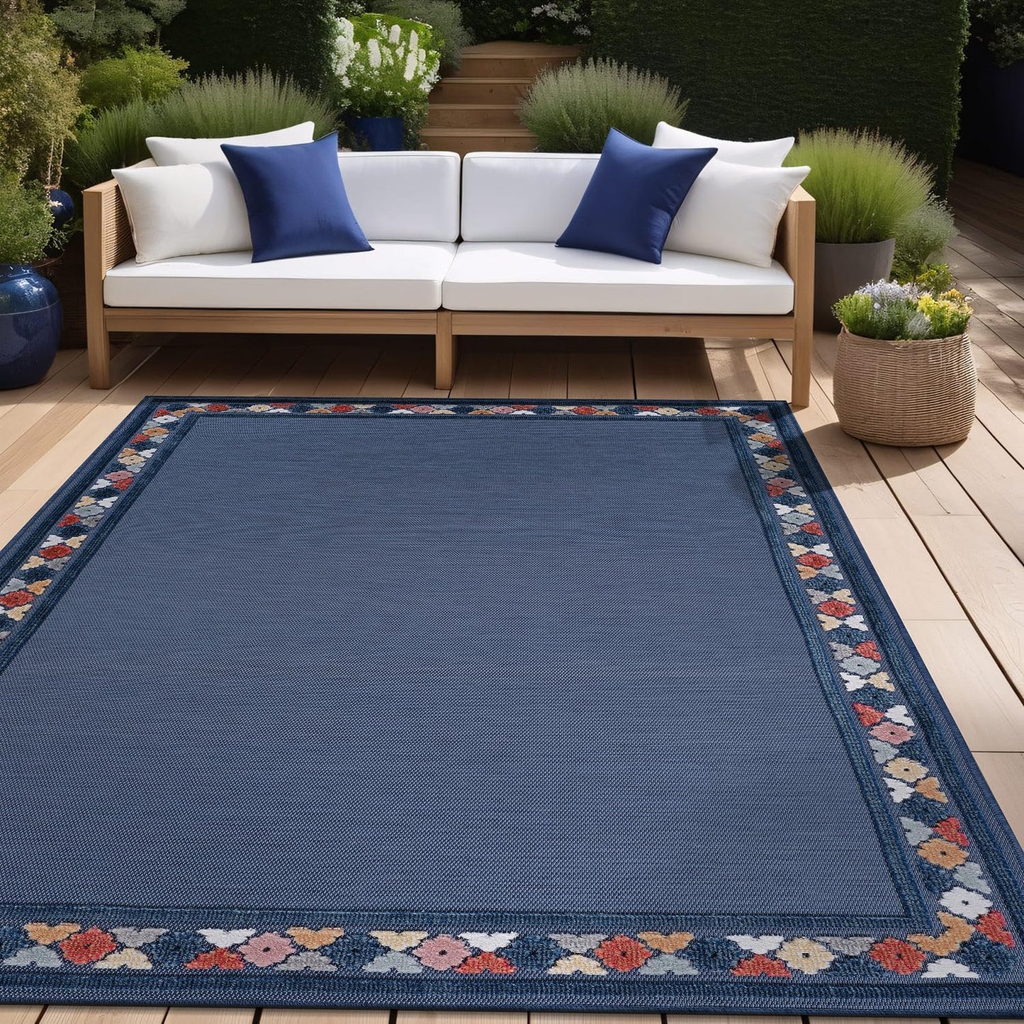 Beverly Rug Outdoor Rug 5x7 Modern Bordered Area Rugs for Indoor and Outdoor Patio Easy to Clean Non Shedding Living Room Porch Garden Washable Outside Carpet (5 x 7 Blue)