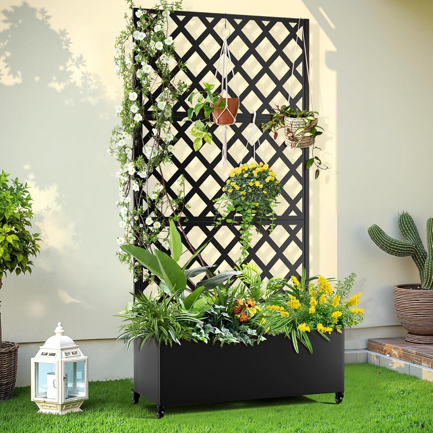 Metal Planter Trellis Box with Wheels & Drain Plug Outdoor Raised Garden Bed Patio Privacy Screen with Planter for Climbing Plants, Vegetables 73"x35"x16" Black-Diamond