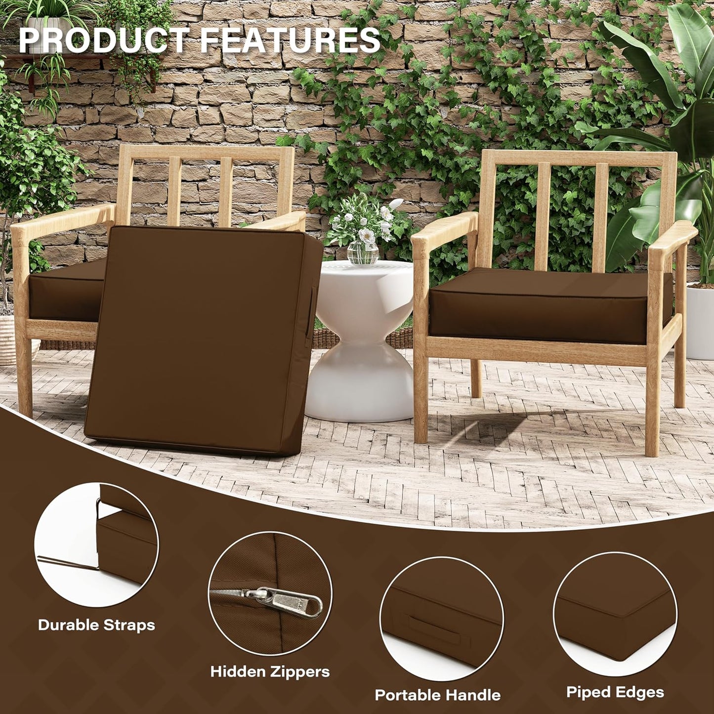 Patio Chair Cushions 24 X 24 X 5 Inch Waterproof Outdoor Seat Cushions for Patio Furniture, Outdoor Sofa Couch Pads with Ties & Handle, Set of 2, Chocolate