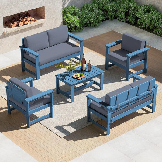SERWALL 5 Pieces HDPE Outdoor Sofa Set with Cushions, All Weather Couch Conversation Set, Loveseat Social Furniture Chairs with Coffee Table, Blue Frame with Grey Cushions