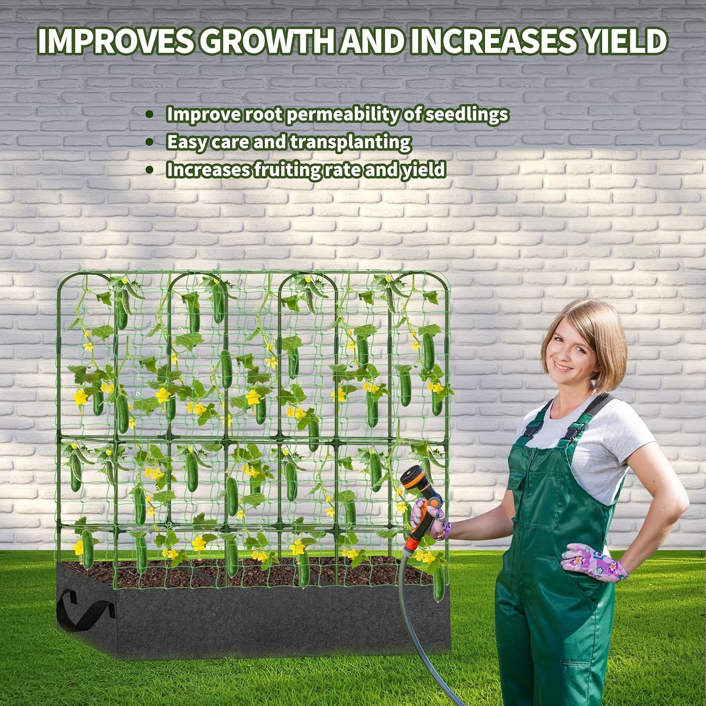 PASARA Cucumber Trellis with Grow Bag - Garden Trellis for Climbing Vegetables, 65 X 50 Inch Large Metal Trellis for Climbing Plants Outdoor, Including Twist Ties, Clips, Ties, Nylon Garden Lattice