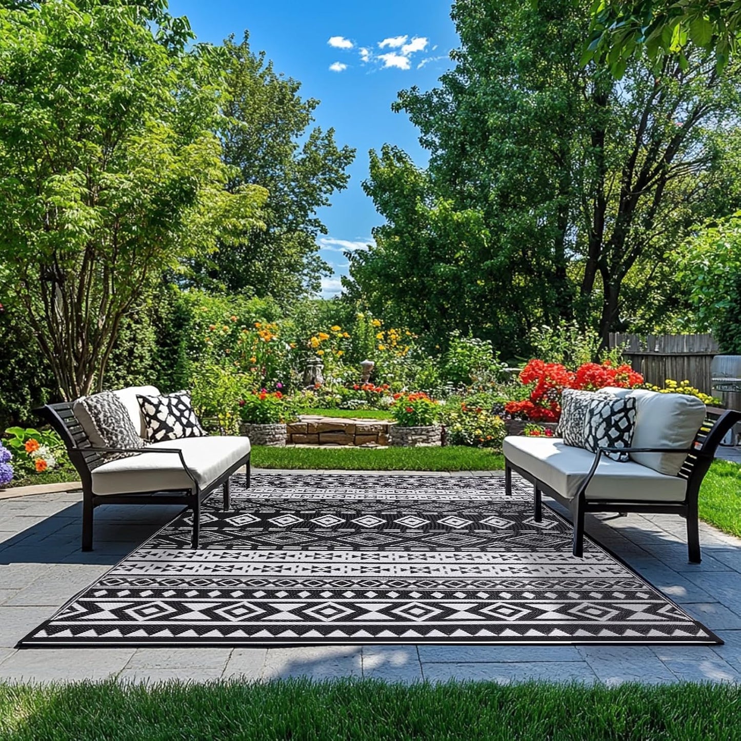 WILDROOTS 4x6 Feet Black and White Plastic Outdoor Rug, Stain Resistant Waterproof Reversible Outdoor Patio Rug, Fade Resistant Camping Rug