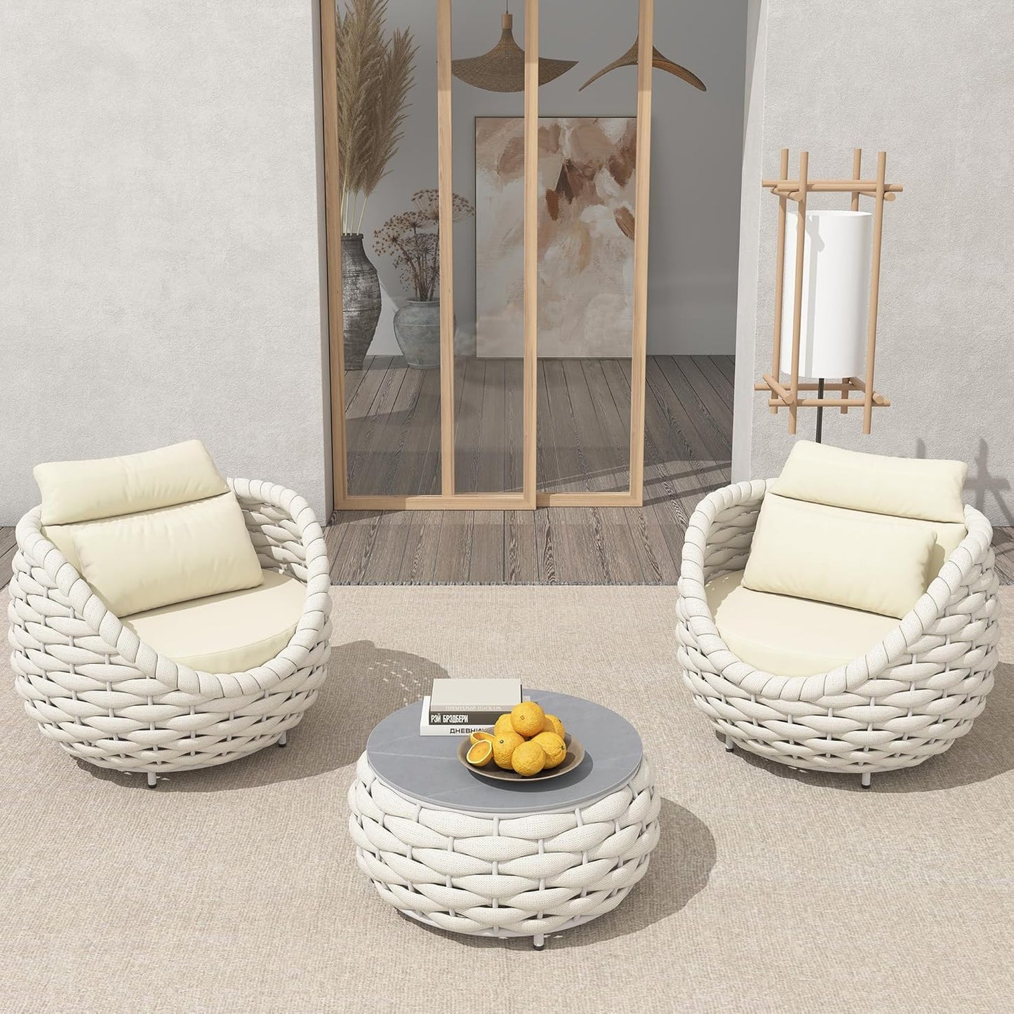 TWT Outdoor 3-Piece Conversation Set Rust Free Patio Furniture Set Already Assembled Compact-Weave Rope Olefin Modern Sofa Seating with Thick & Washable Cushions for Indoor, Backyard, Balcony, Cream